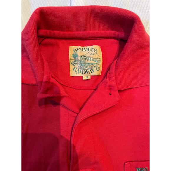 Vintage Bermuda Railway 100% Cotton Medium Red Polo Shirt Golf - Picture 2 of 5